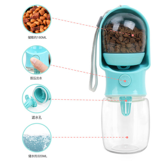 Portable dog water bottle with dual drink and feed compartment for outdoor adventures