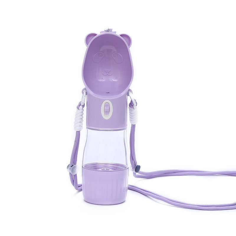 Cute outdoor dog water bottle with water and kibble chamber for hiking