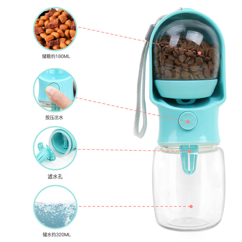 Portable dog water bottle with dual drink and feed compartment for outdoor adventures