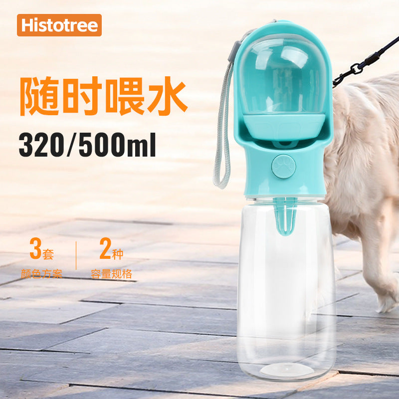 Portable dog water bottle with dual drink and feed compartment for outdoor adventures